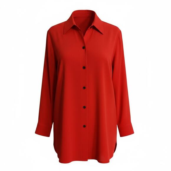 Linda Allard Ellen Tracy Red 100% Silk Button Front Tunic Dress Size 10 - Picture 7 of 14